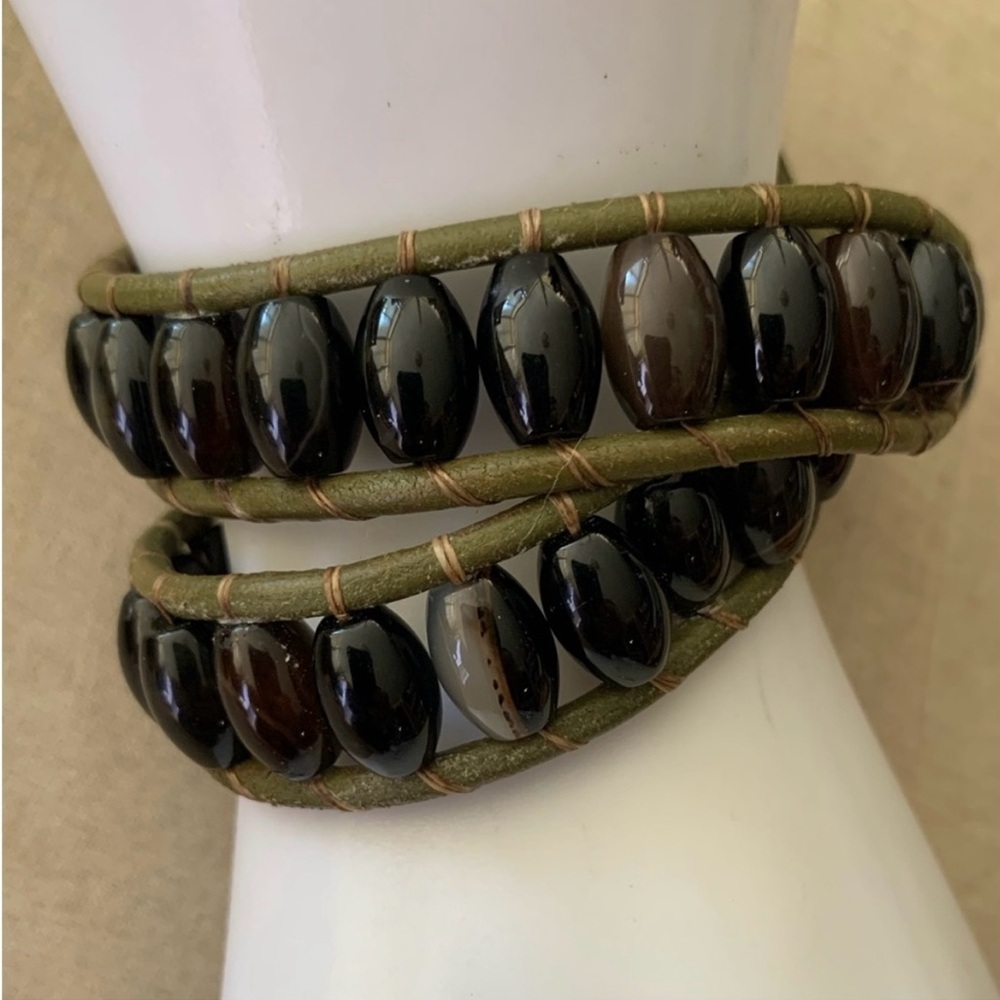 Hand made Agate stone leather wrap Brown and green Beaded Bracelet - Picture 4 of 13